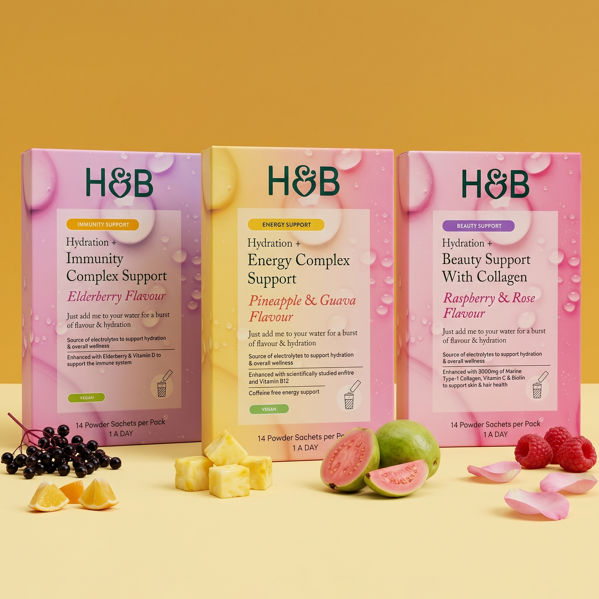 Selection of H&B electrolytes on yellow background