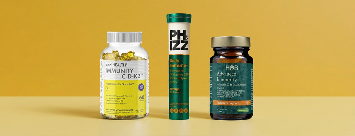 Selection of immunity products on yellow background