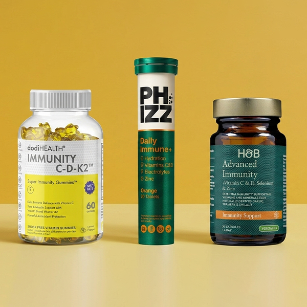 Selection of immunity products on yellow background