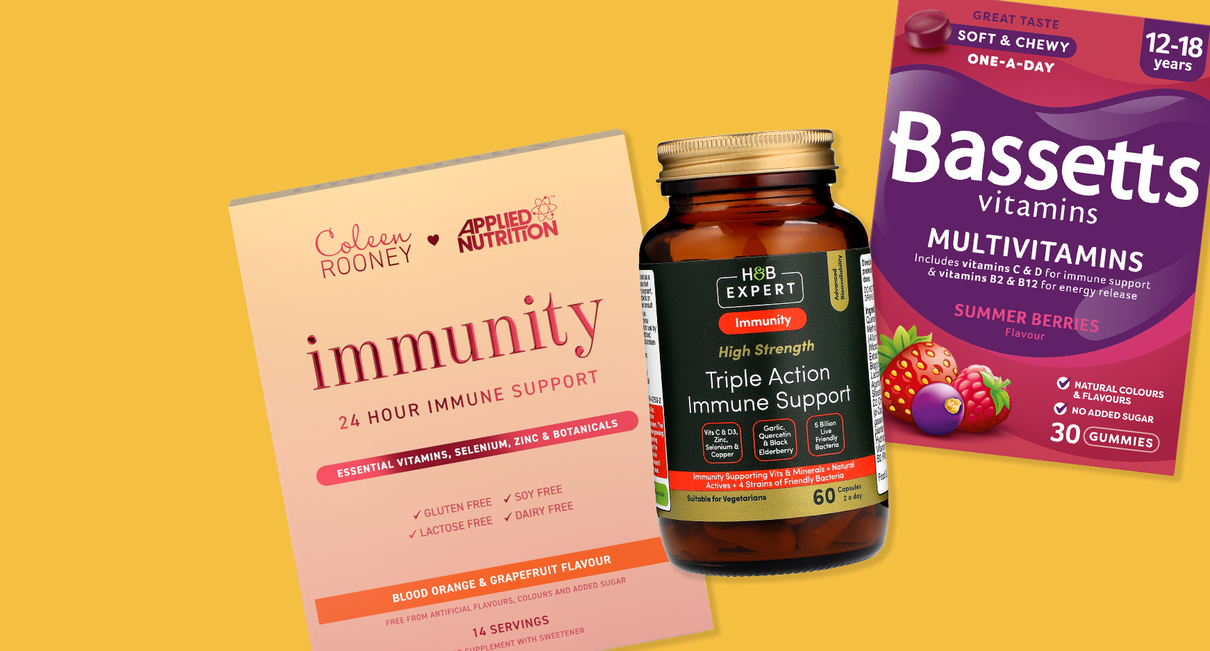 Selection of immunity products on yellow background