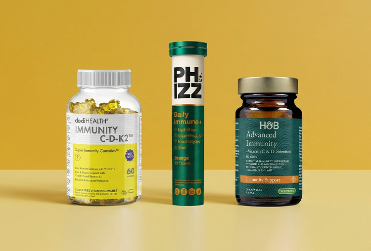 Selection of immunity products on yellow background