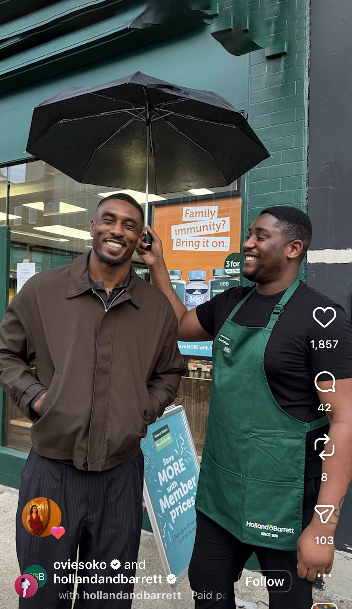 store assistant with male influencer outside store
