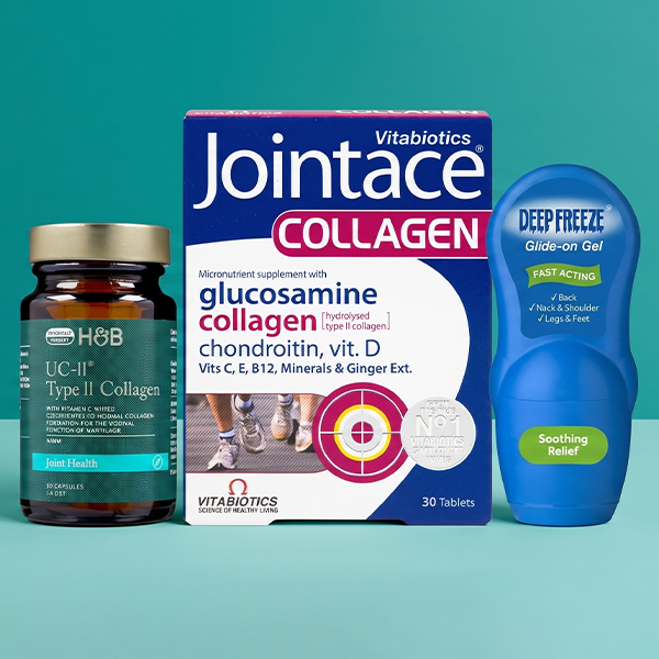 Selection of joint care supplements on blue background
