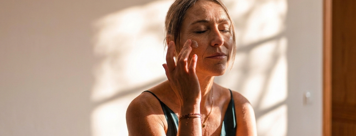 female in home applying face cream