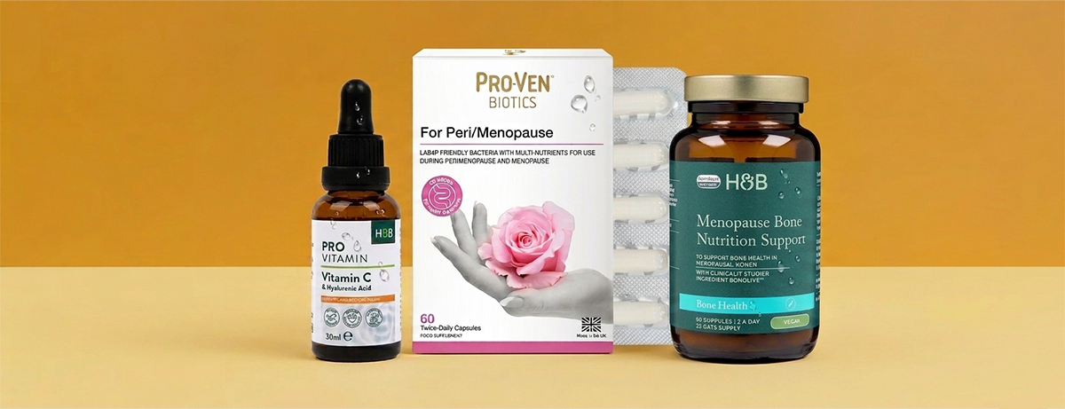 Selection of menopause products on yellow background