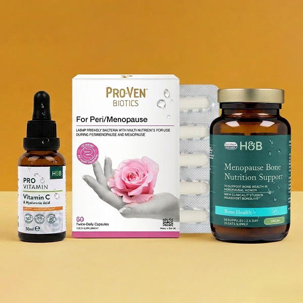 Selection of menopause products on yellow background