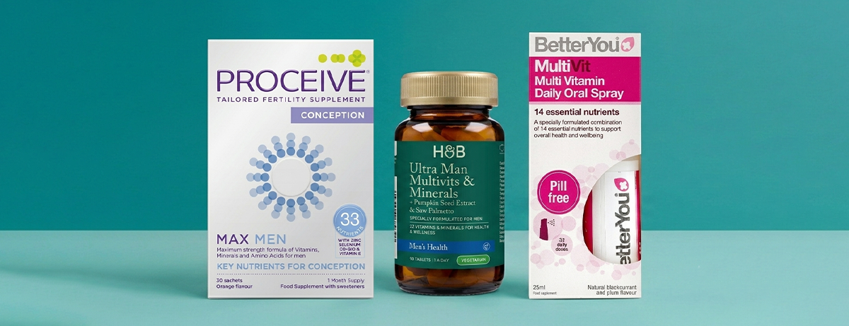 selection of mens health supplements on a blue background