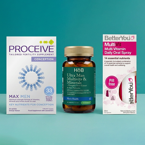 selection of mens health supplements on a blue background