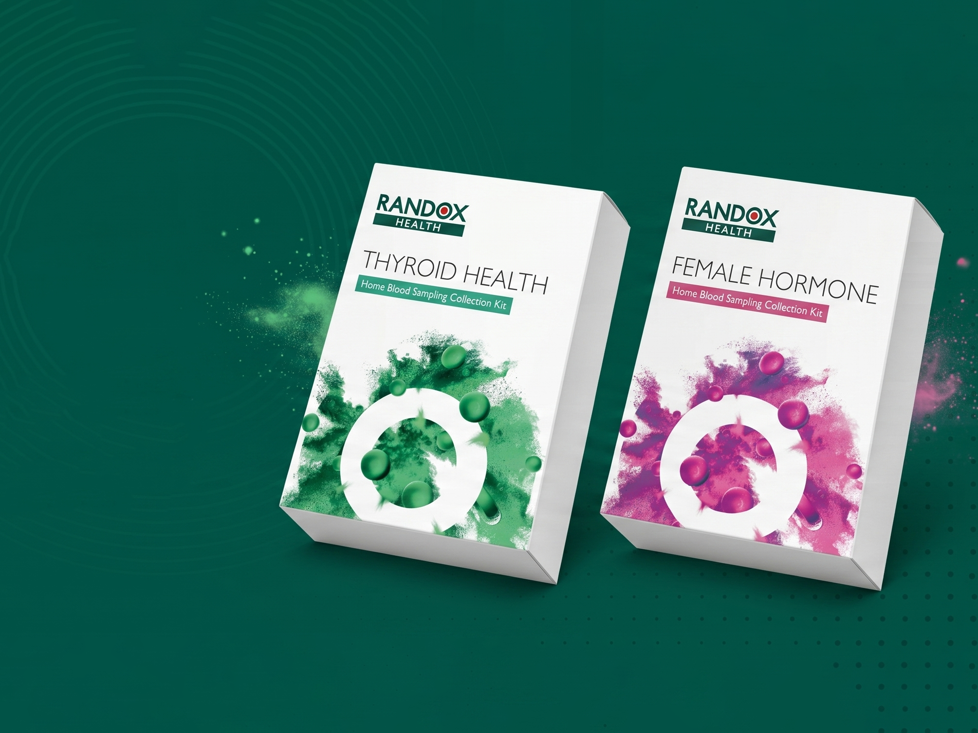 Randox boxes on green background