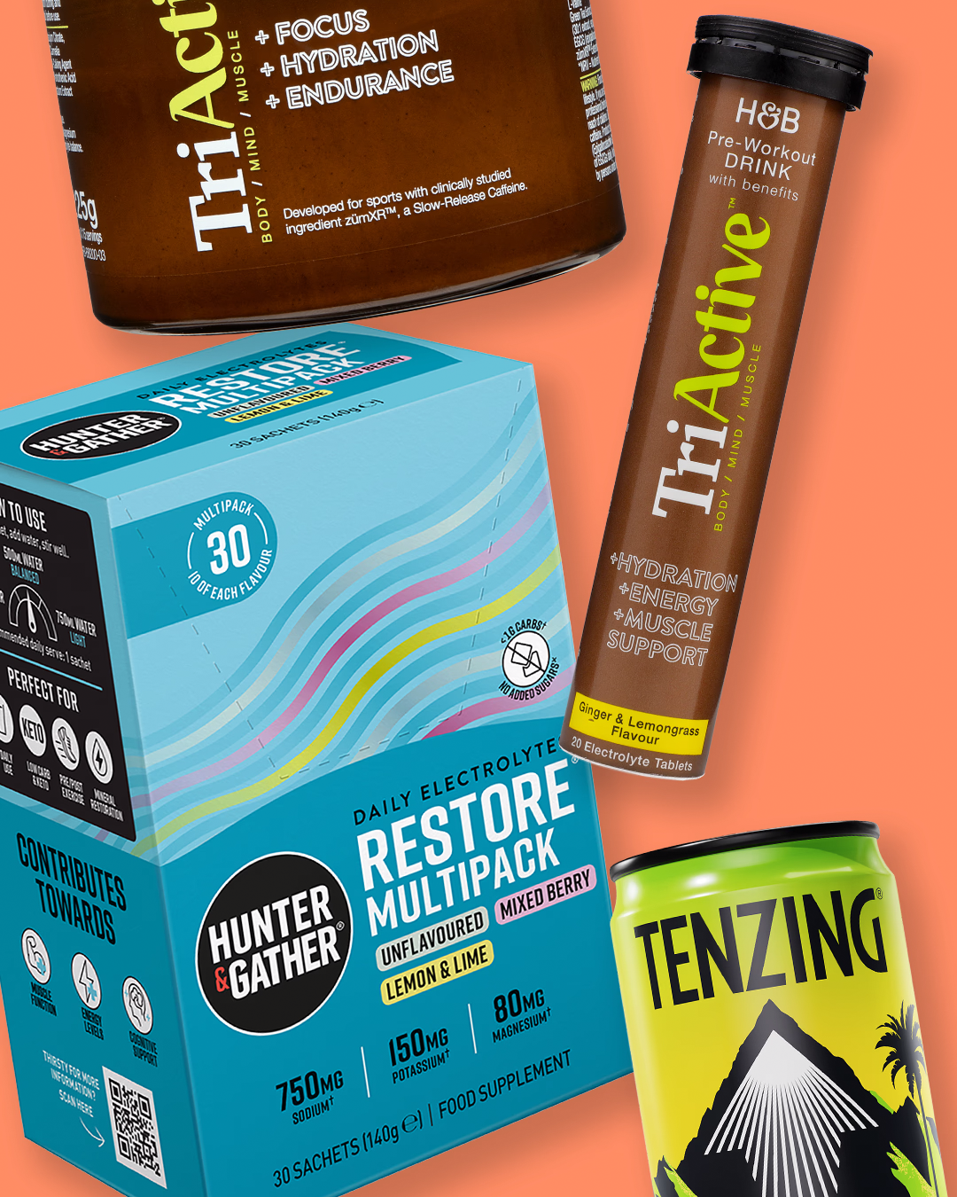 Selection of sports products on coral background