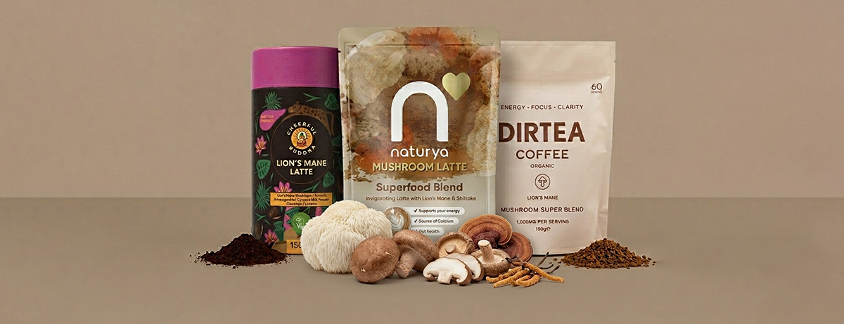 Selection of mushroom coffees on a beige background