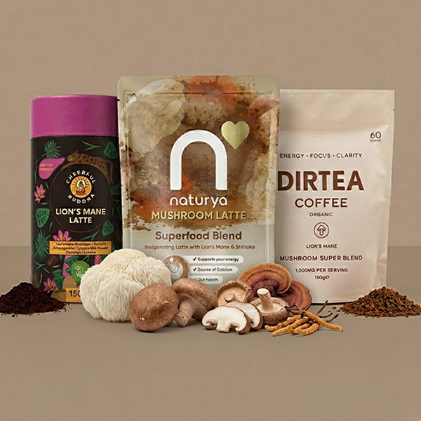 Selection of mushroom coffees on a beige background