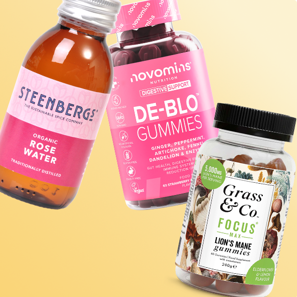 Selection of health products on a yellow background