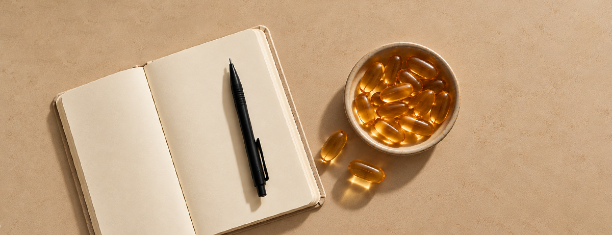 Omega-3 on beige background with a notebook