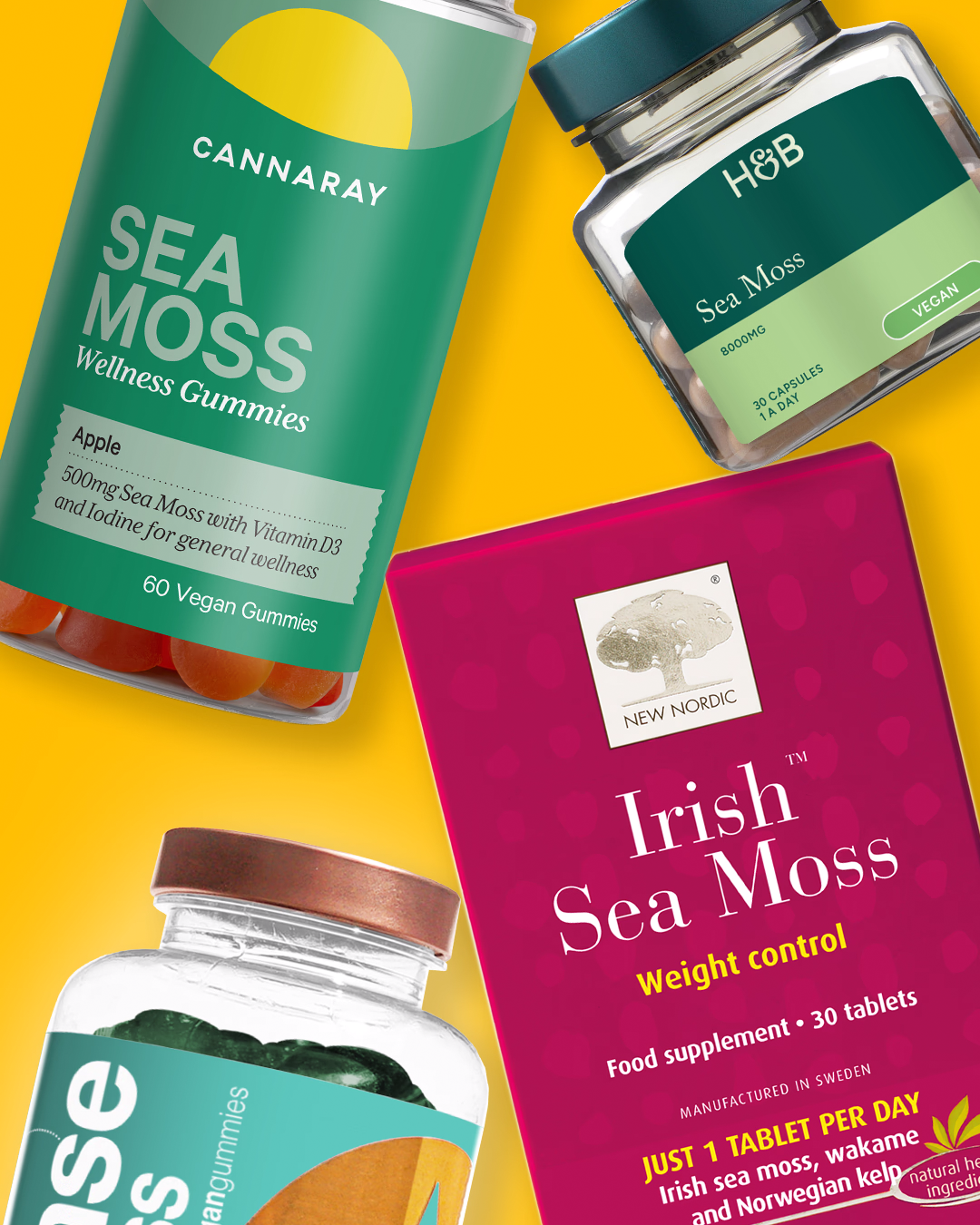 Selection of vitamins on a yellow background