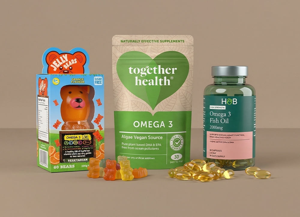 Selection of omega 3 products on beige background