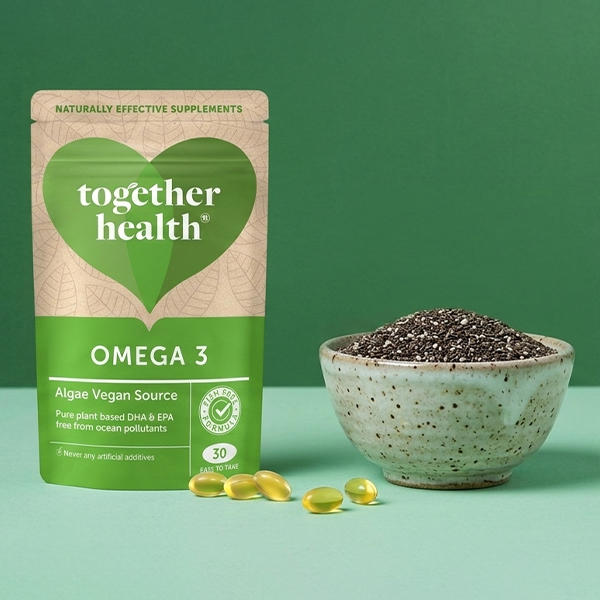 Omega-3 products and chia seeds on a green background