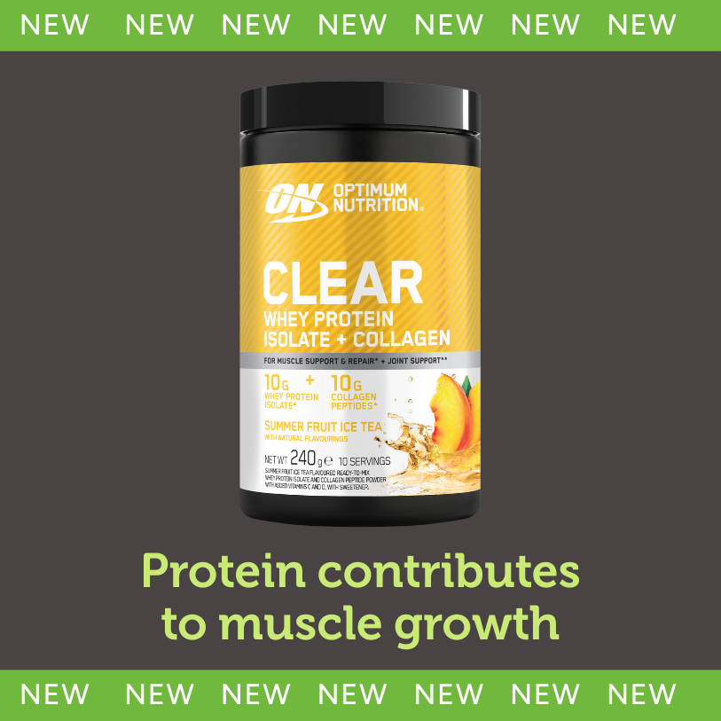 Bottle of clear whey protein on grey background