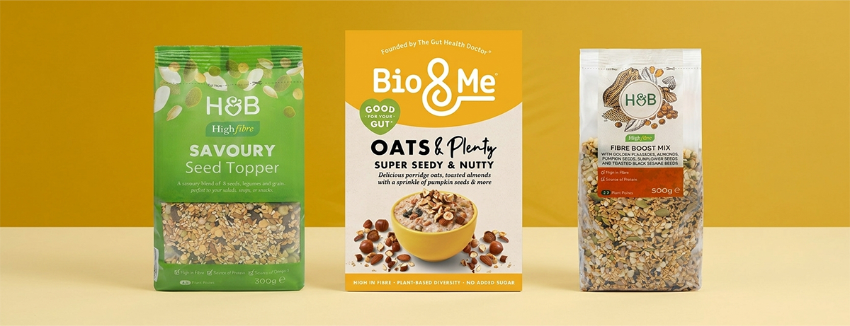 Selection of fibre snacks on yellow background
