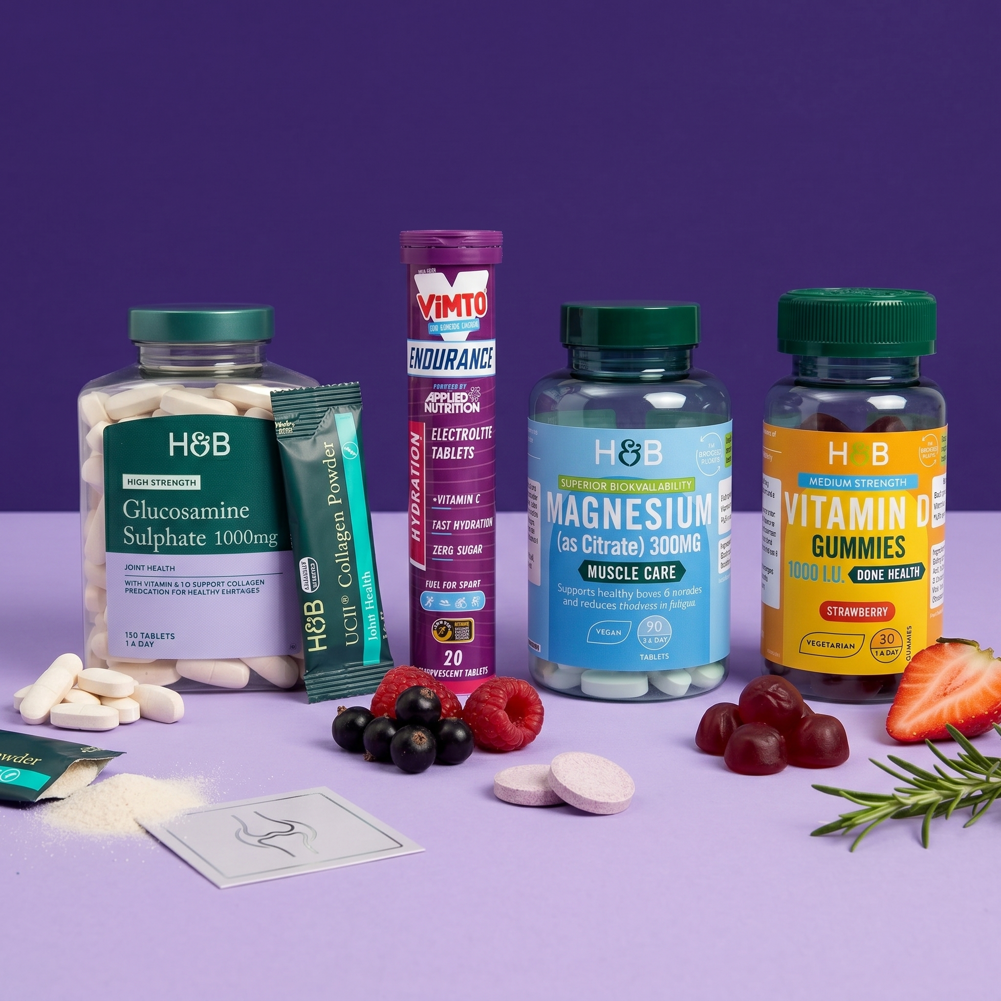 Selection of vitamins on purple background
