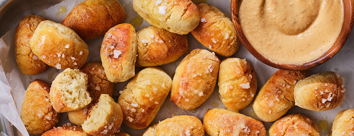 portion of vegan pretzel bites on a baking tray