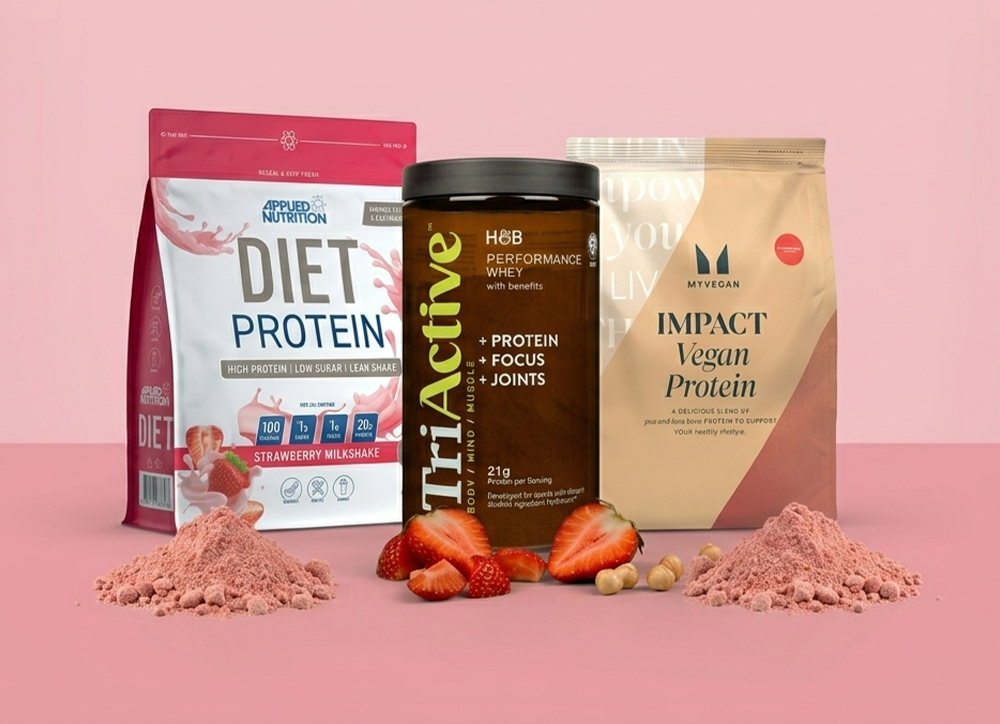 Protein shakes on a pink background