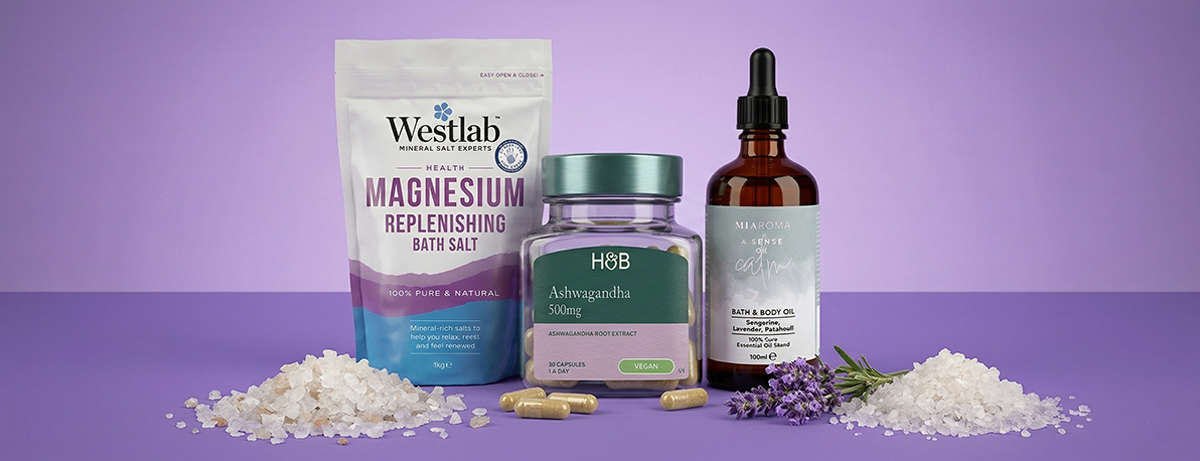 Selection of relax products on purple background
