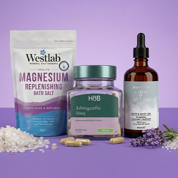 Selection of relax products on purple background