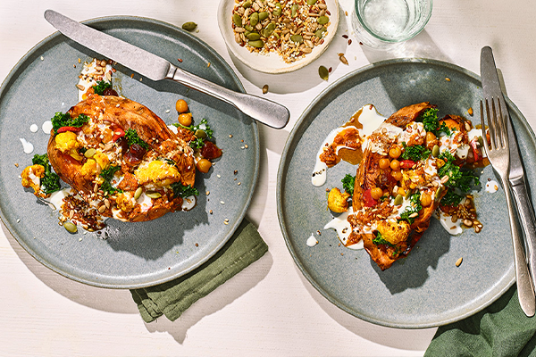 Sweet roast potatoes on a grey plate