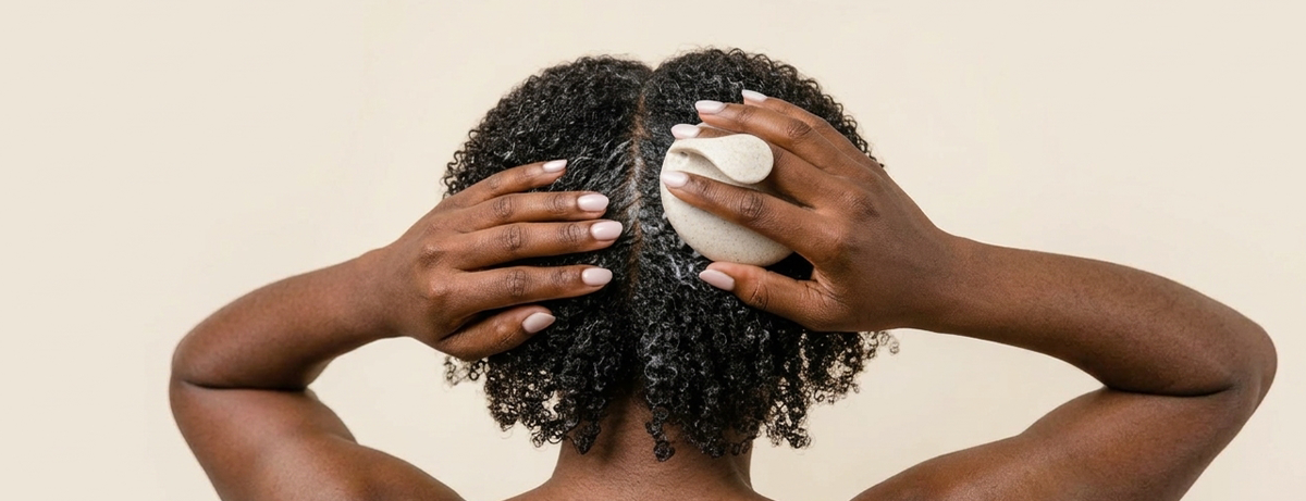 female using a scalp massager on wet hair
