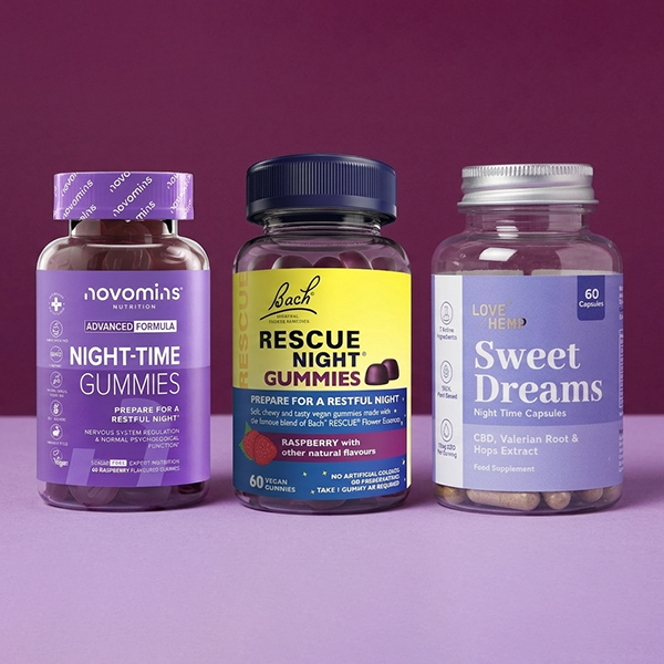 Sleep supplements on a purple background