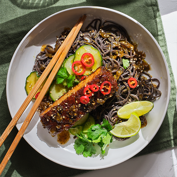 tofu and salmon spinach noodles