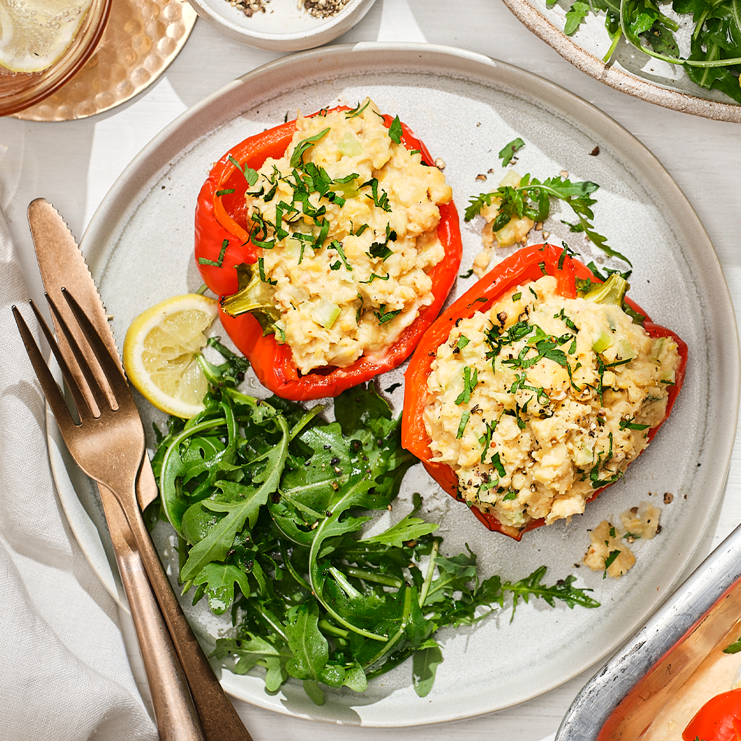 Plate of stuffed peppers filled with chickpea tuna