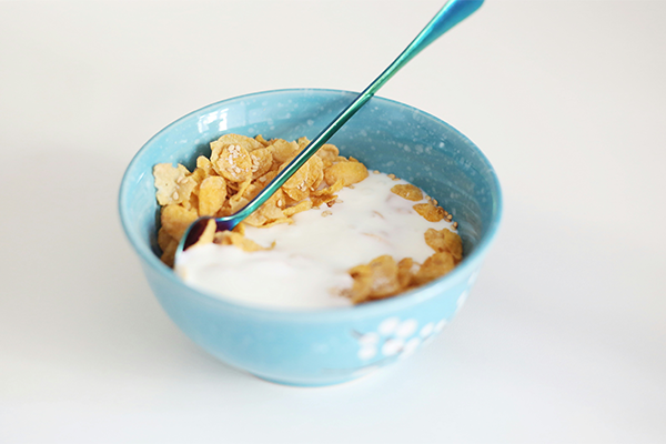 bowl of sugar free cereal. Bowl is blue