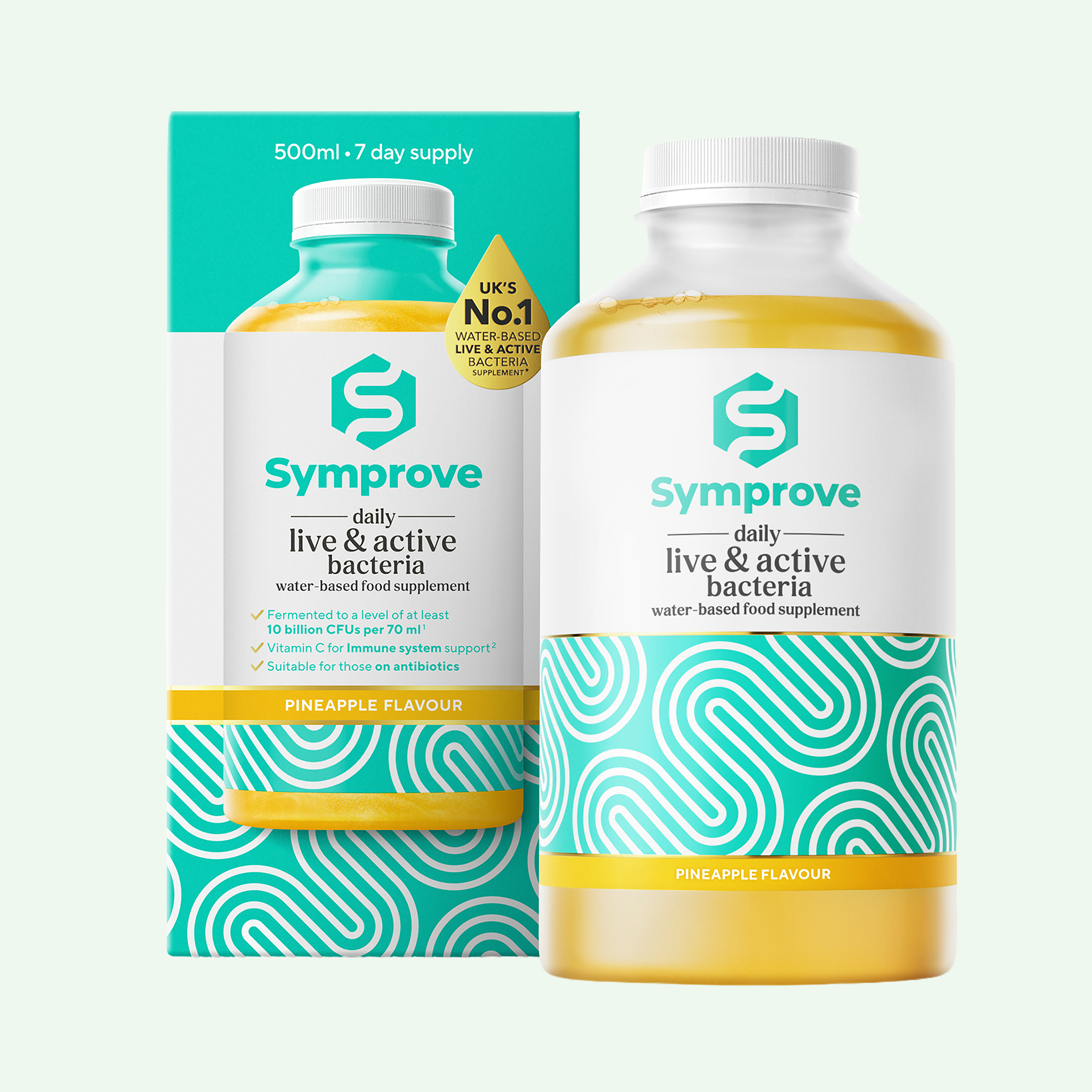 Symprove bottle on white background