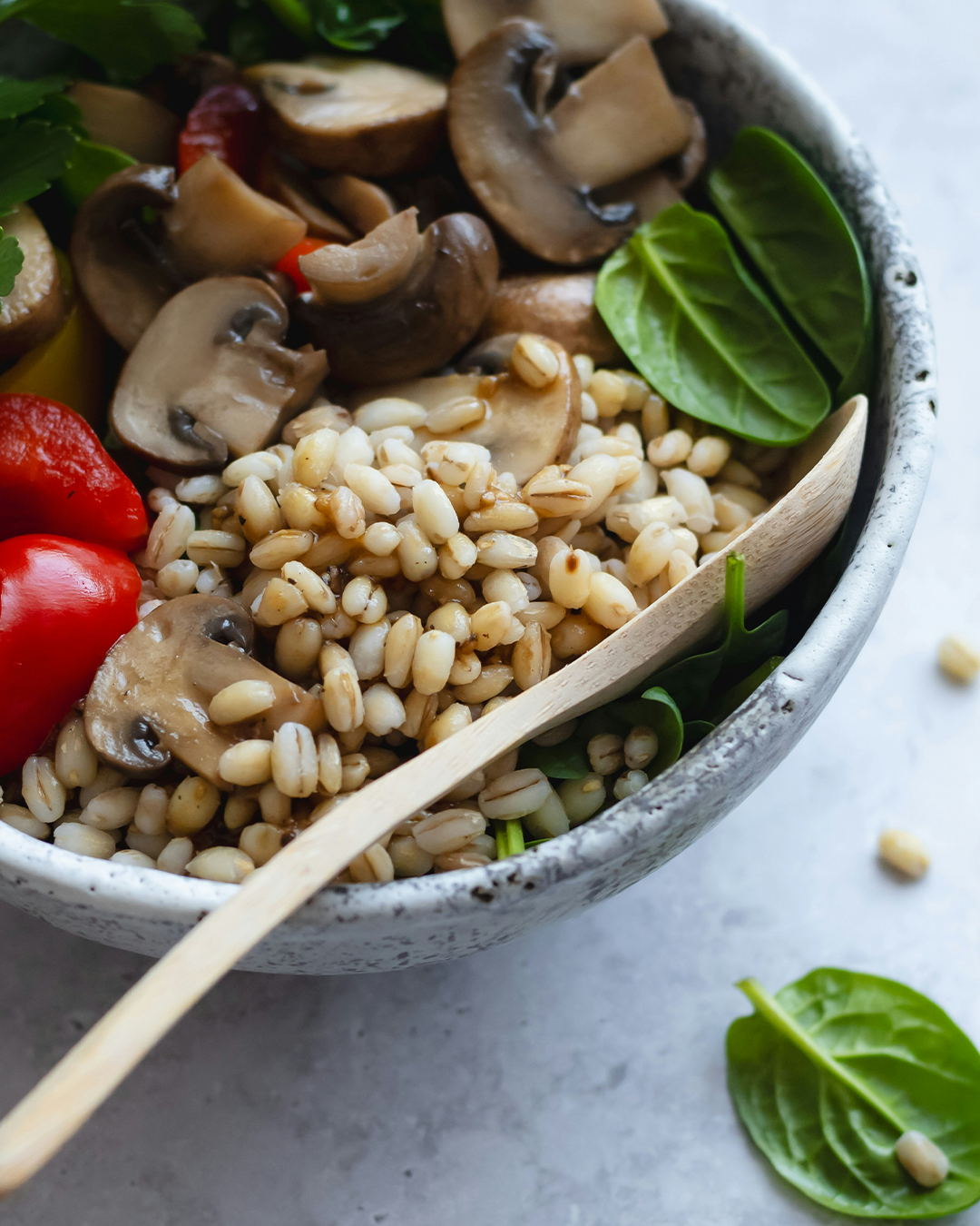 Quinoa in a bowl with pepper and mushrooms