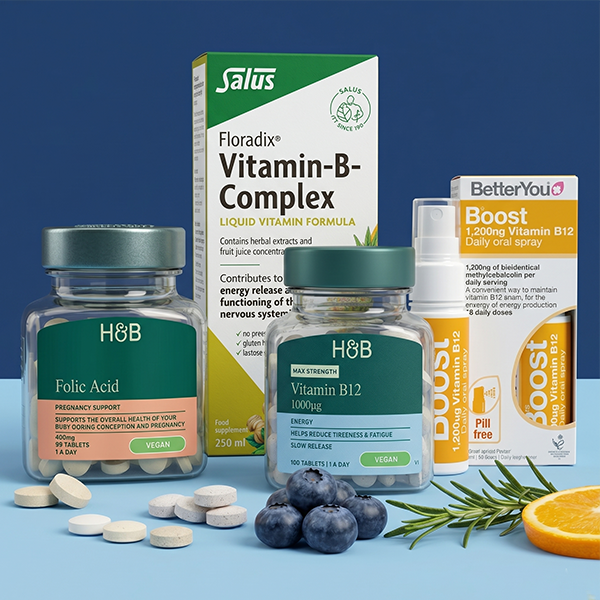 Selection of vitamin b products on blue background