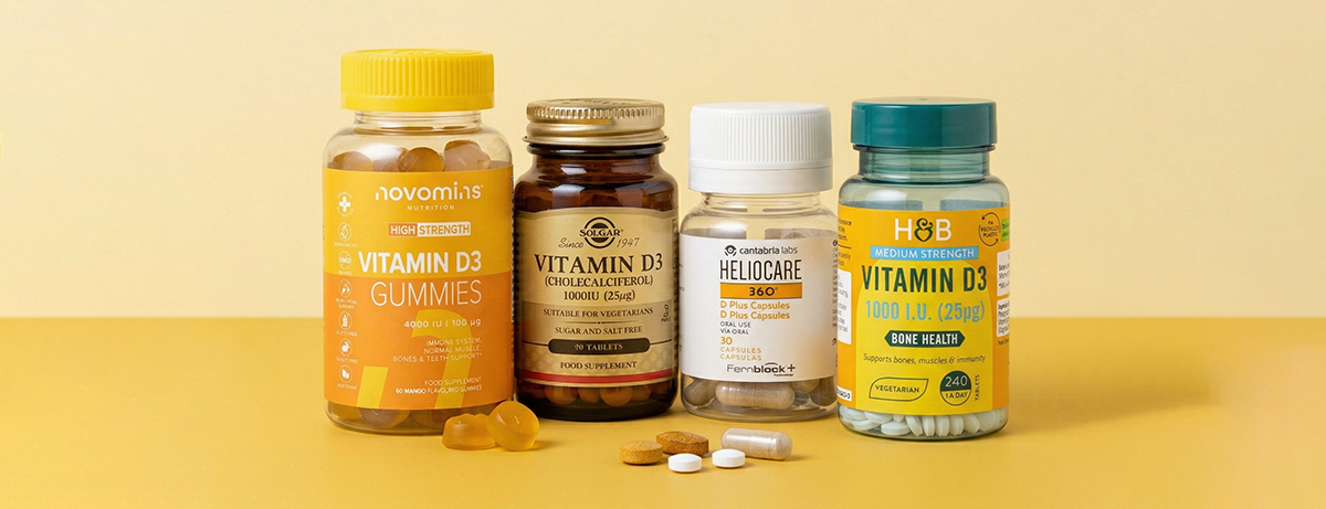 Selection of vitamin d products on a yellow background