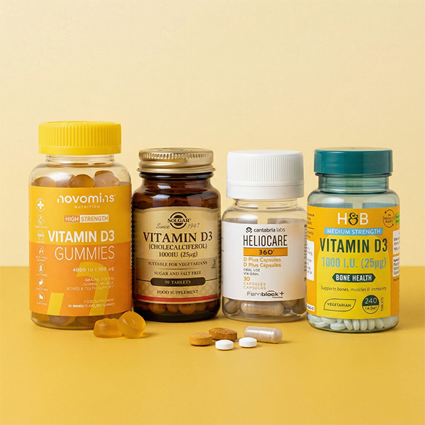 Selection of vitamin d products on a yellow background