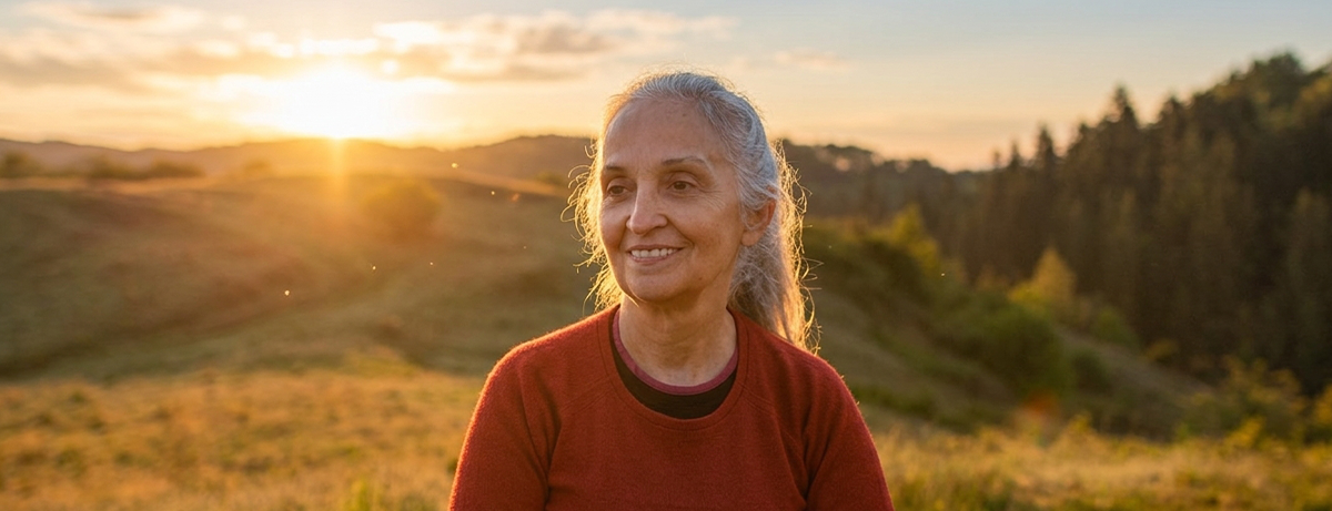 Older lady standing in field with sun behind