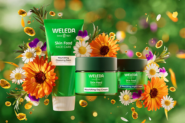 Weleda products on flowery background