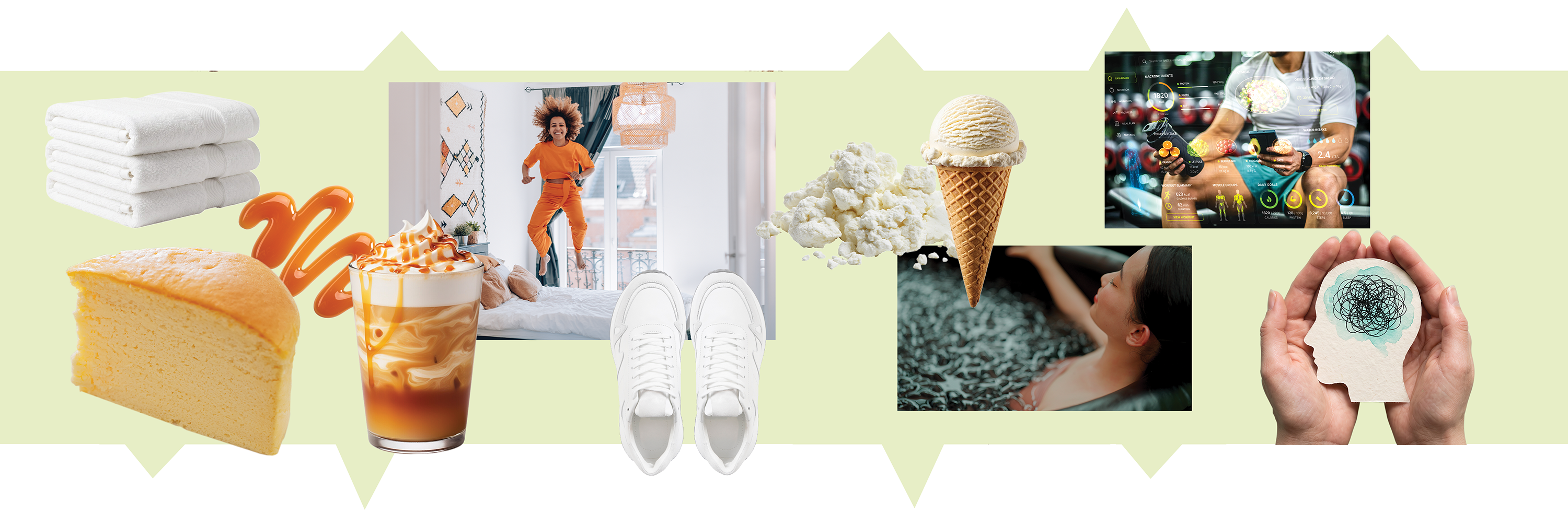 Selection of items including ice cream, cake, and gym photos on green background