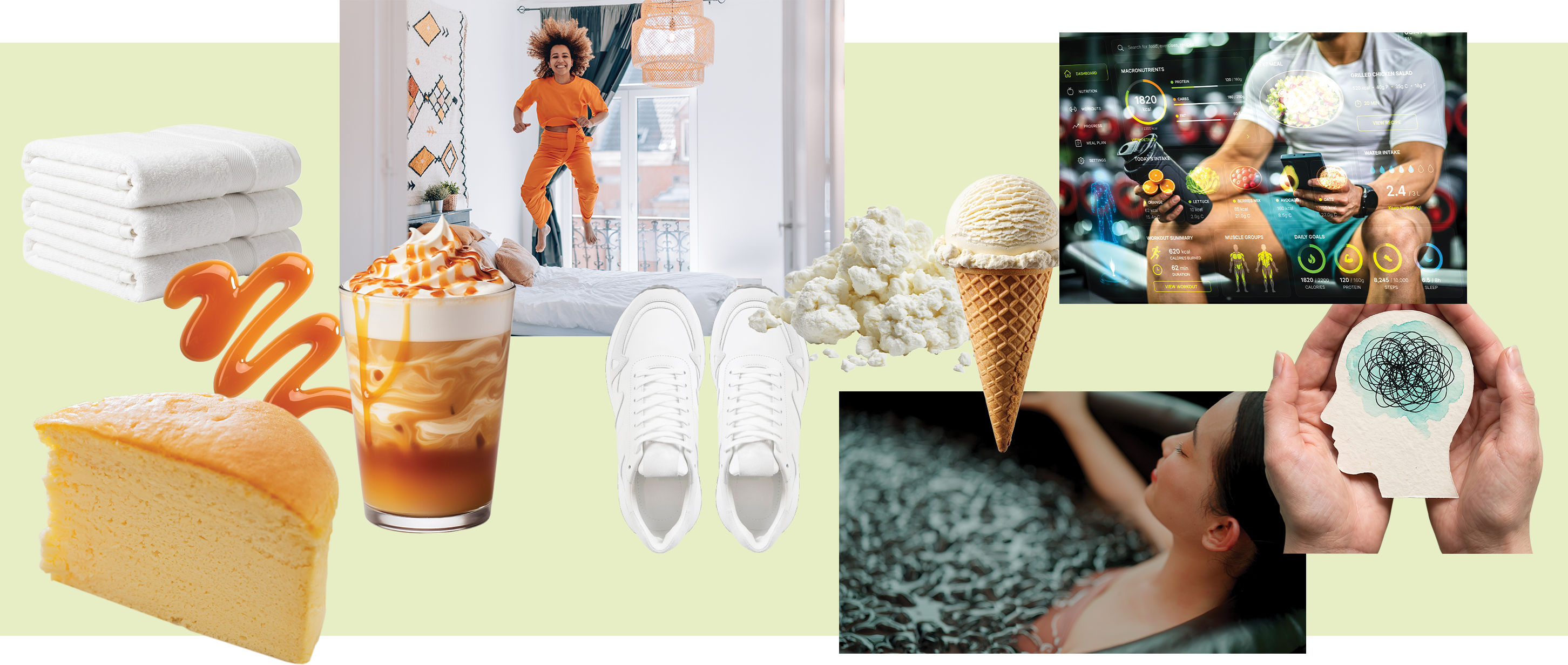 Selection of items including ice cream, cake, and gym photos on green background