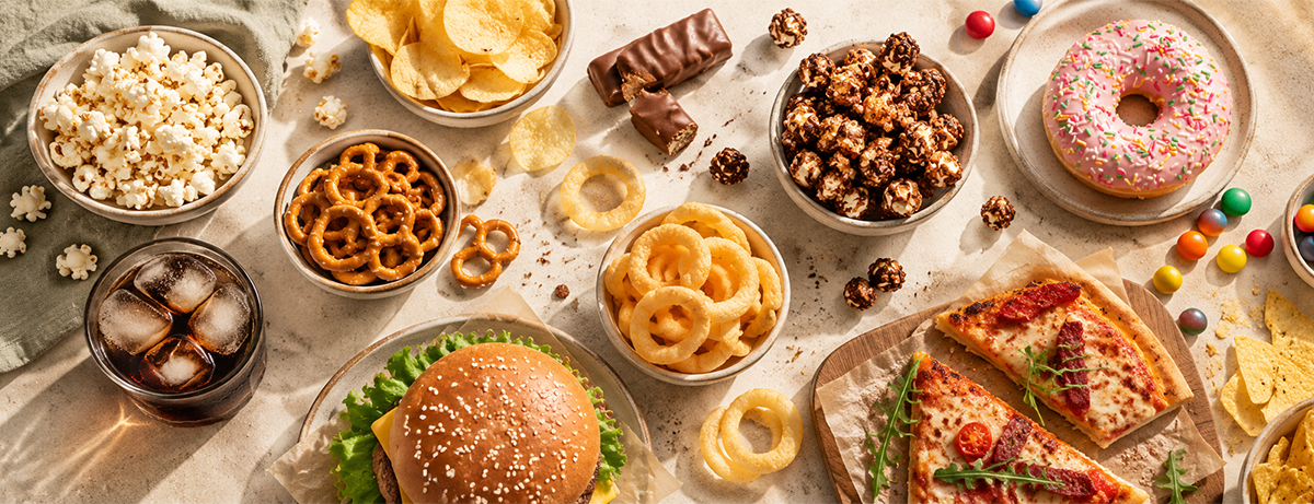 selection of processed foods on beige worktop