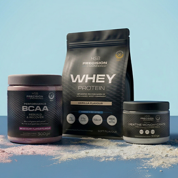 Protein powders on a blue background