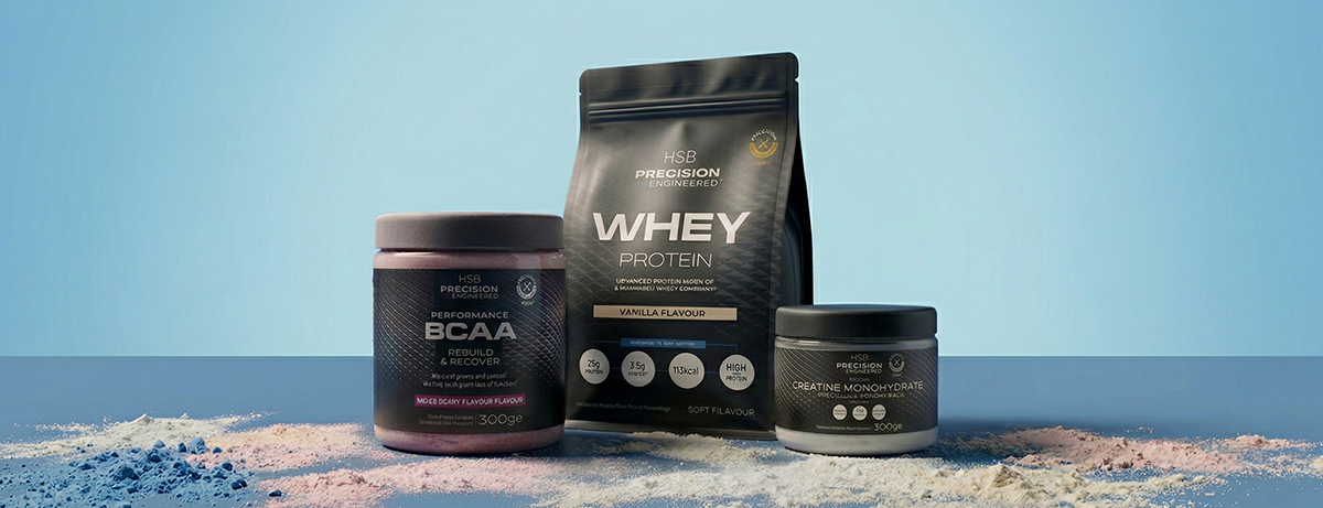 Protein powders on a blue background