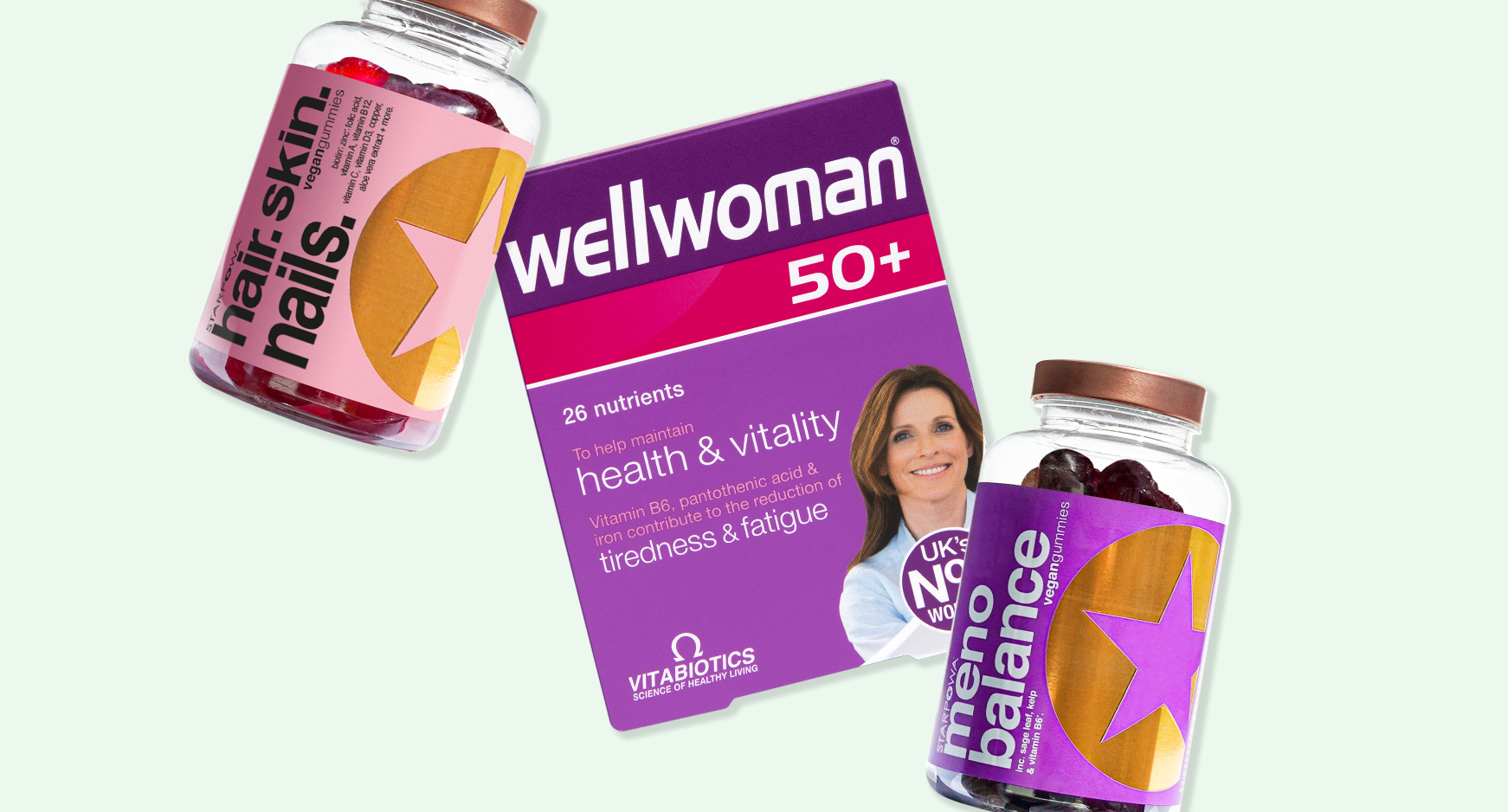 Selection of womens vitamins on a green background