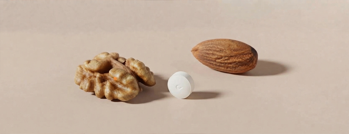2 nuts and supplement on beige background