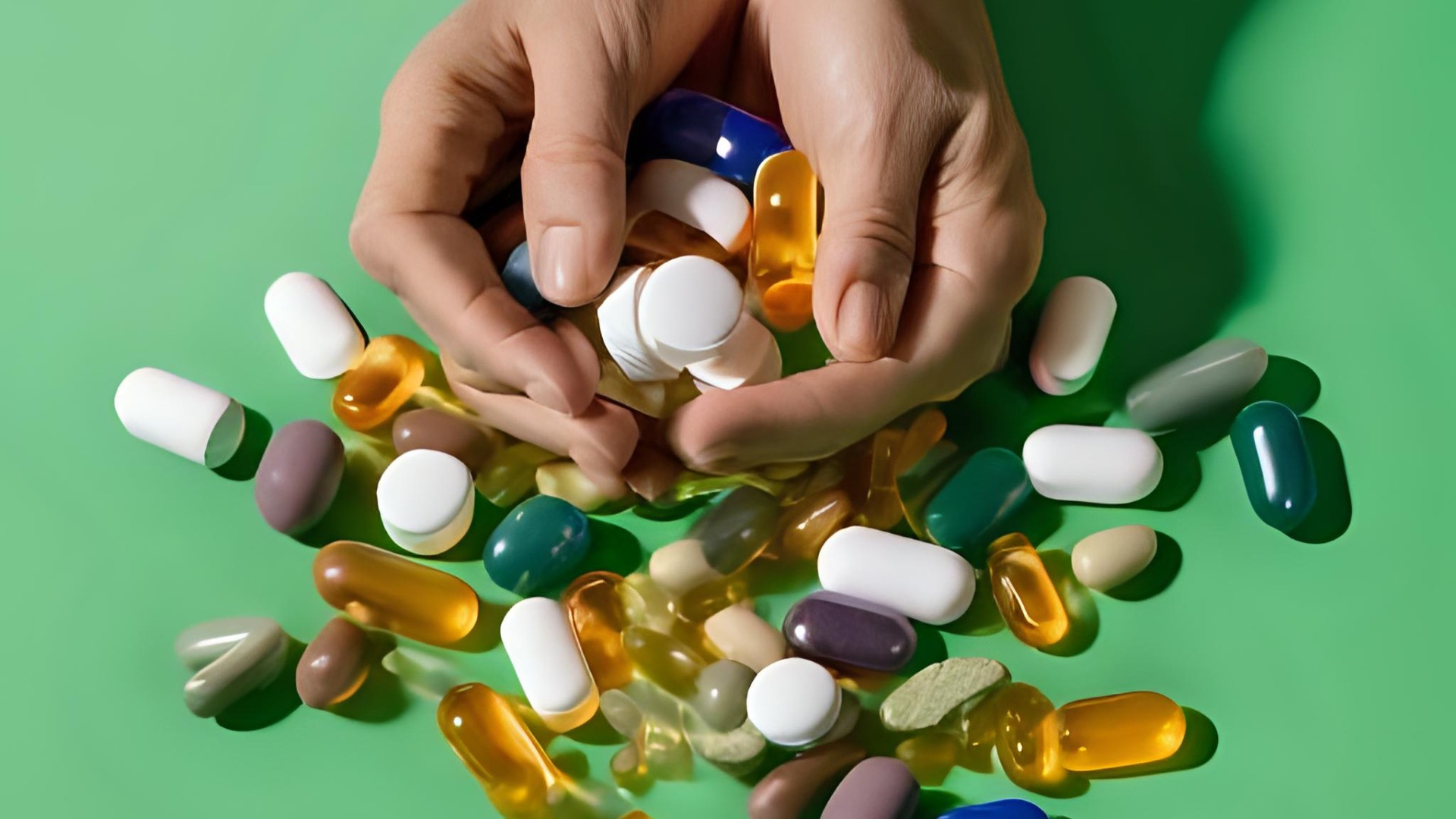 Hands scooping a pile of different supplements