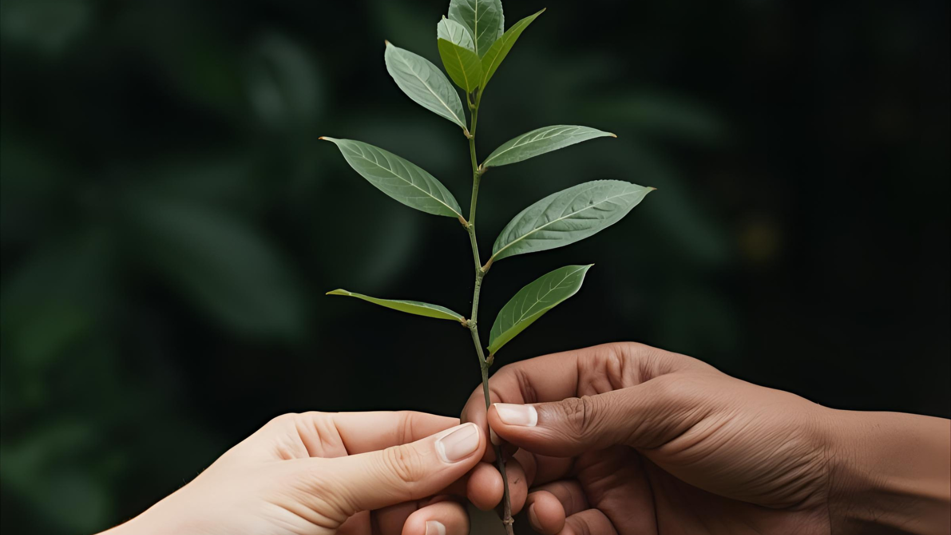 Two hands holding a leaf branch
